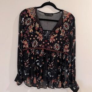 ZARA woman’s XS Boho shic blouse black with red, mustard, blue flowers and beads